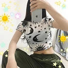 Сетчатая Прозрачная Футболка с принтом луны и звезд, летние модные женские укороченные топы с оборками и коротким рукавом, Лидер продаж