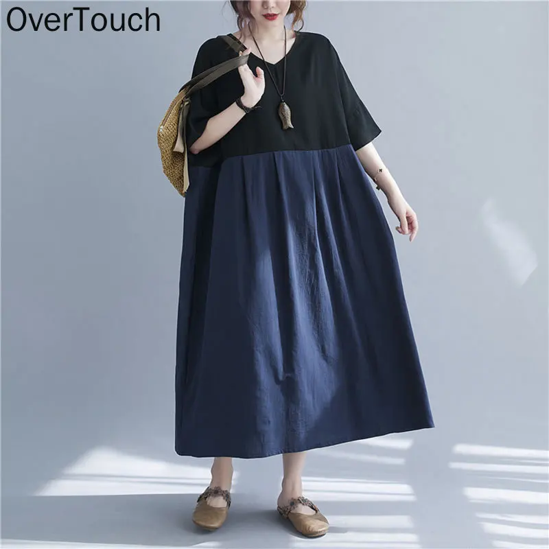 

Plus Size Summer Beach Dress Women Patchwork Lady Vestidos Color Sundress Long Oversize V-Neck Loose Casual New Dresses