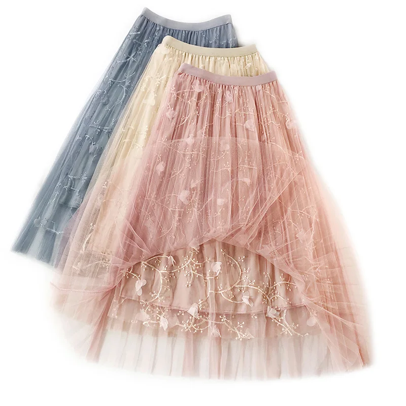 

Spring Autumn Bud Silk Skirt Flower Embroidery Skirt 2019 New Korean Version Pleated Screen Fairy Skirt Lolita Style Mid-calf