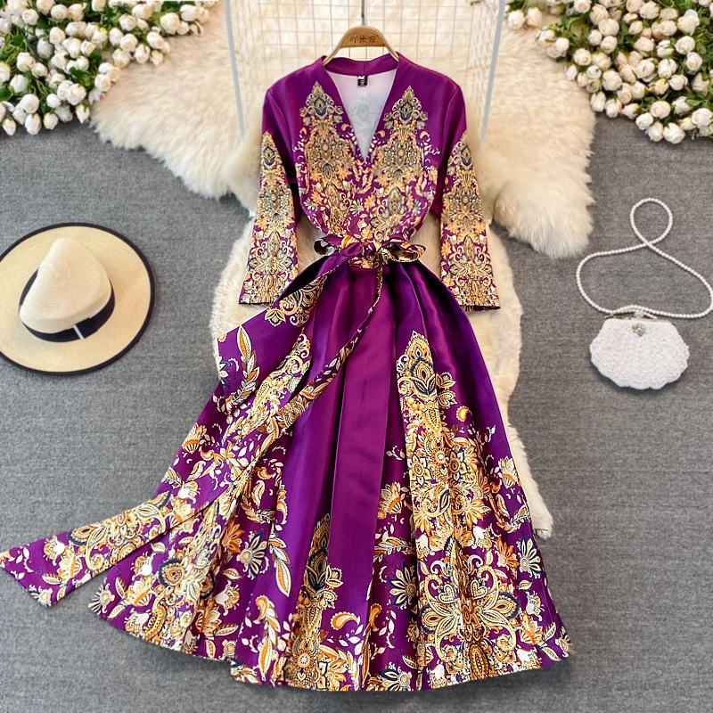 

Runway Fashion Printing V-Neck Vintage Dress Women Spring Designer 3/4 Sleeve Lace Up A-Line Party Long Dresses Vestidos