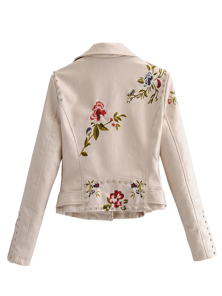 Spring Autumn Women PU Leather Jacket Fashion Embroidery Chic Rivets with Belt Biker Jackets Zippers Ladies Coats Outerwear