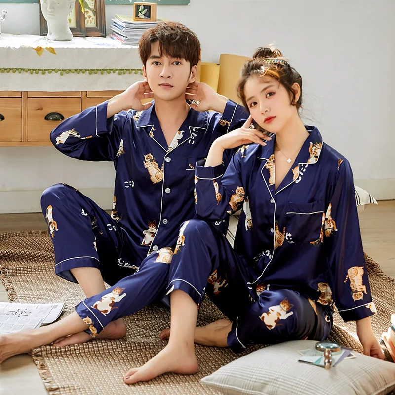 

Unisex Adult Couple Pajamas Summer Long-sleeved 2 Pieces Ice Silk Female Cartoon Pajamas Set Long Sleeve Men Home Service Suit