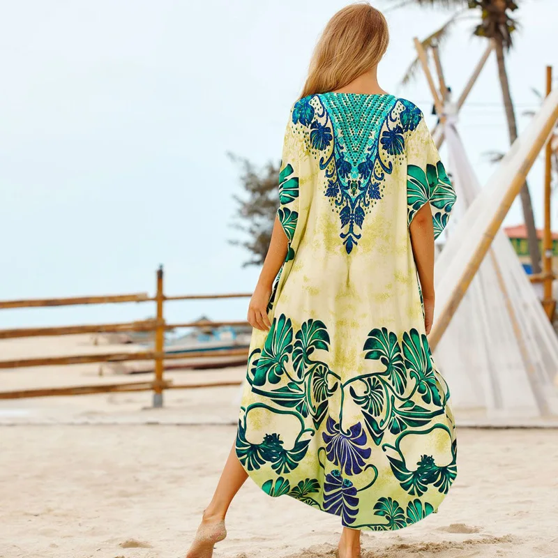 

New Beach Blouse Loose Large Size Rayon Positioning Printing Bikini Robe Vacation Beach Skirt Cover Up Beach Woman