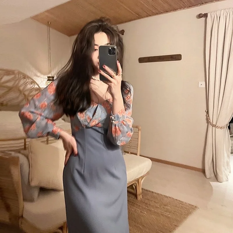 

Elegant Dress Women Patchwork Vintage Floral Dress Evening Party One Piece Dress Korean Office Lady 2021 Summer Square Collar