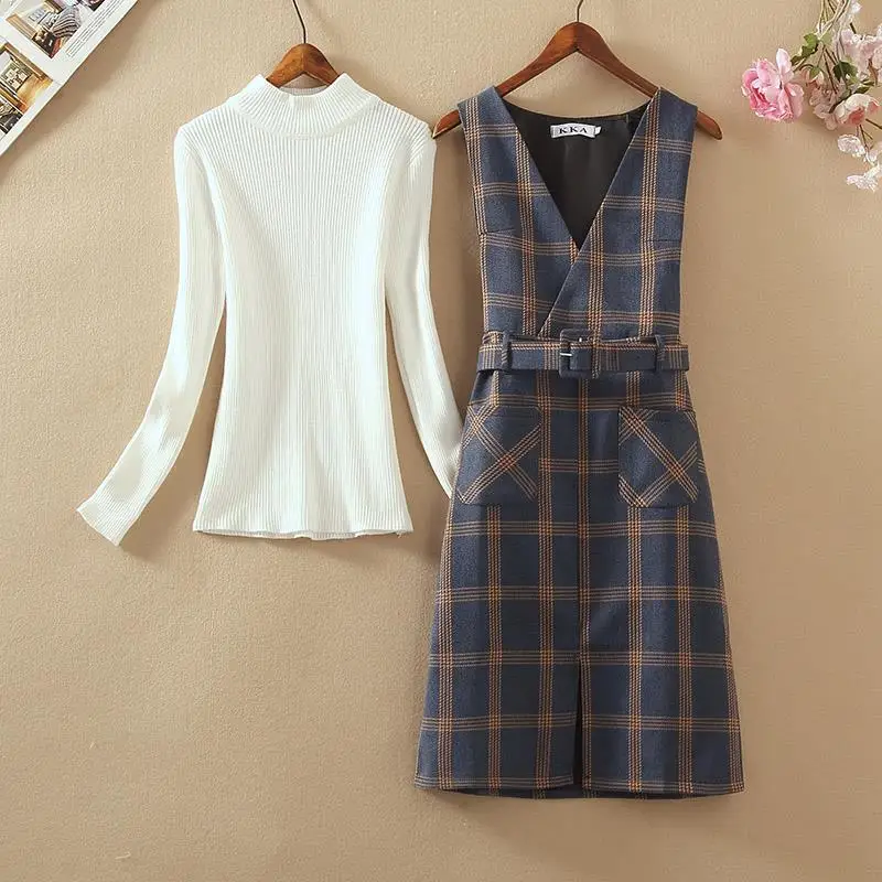 

2023 Hot Sale Spring Autumn Elegant Women Knitted Long Sleeve Sweater + Plaid Vest Dress Set 2pcs Suit Party Casual Sets X109