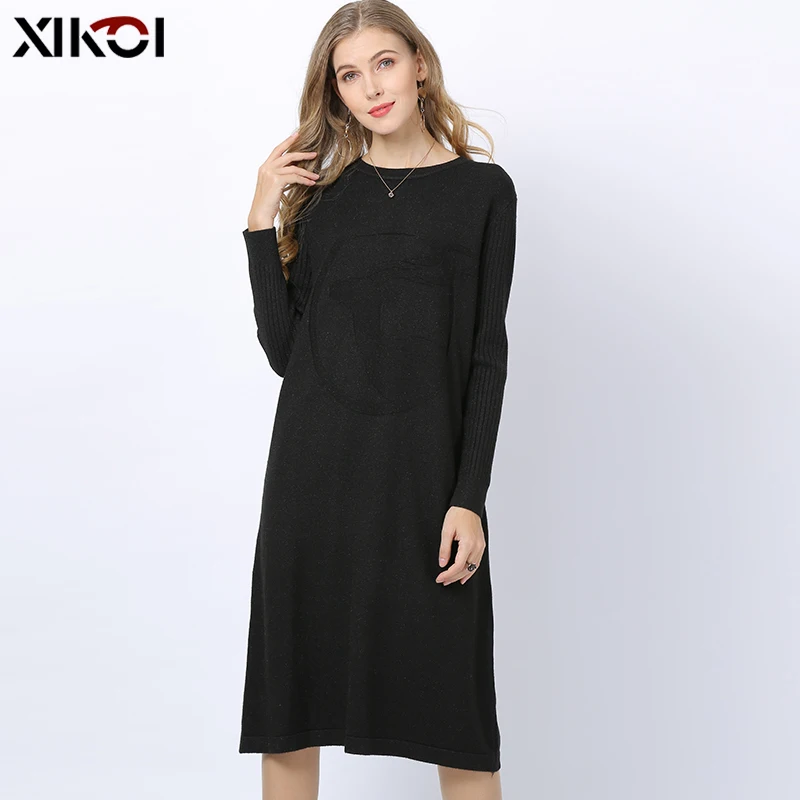 XIKOI Autumn Winter Solid Knitted Sweater Dresses Women Cute Deer Print Loose O-neck Pullover Female Vestidos Feminino | Женская одежда
