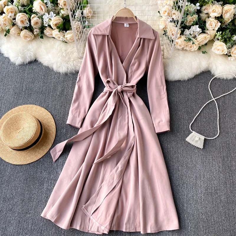 

2020 New Fashion A-line Dress Women Autumn and Winter V Neck Long Sleeve Thin Solid Color Casual Vestidos Q271