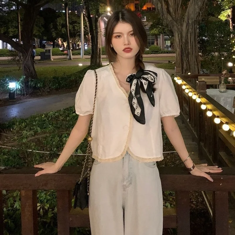 

Shirts Women Short Puff Sleeve Lace Sweet Simple Slim Summer Elegant Streetwear Fashion Female Tops Blouses Korean Style Ulzzang