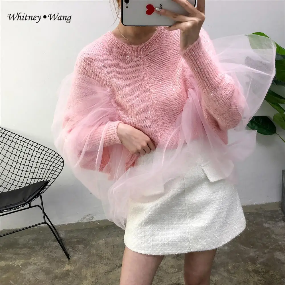 WHITNEY WANG 2019 мода уличная сетка лоскутное блестки мерцающий свитер женский джемпер