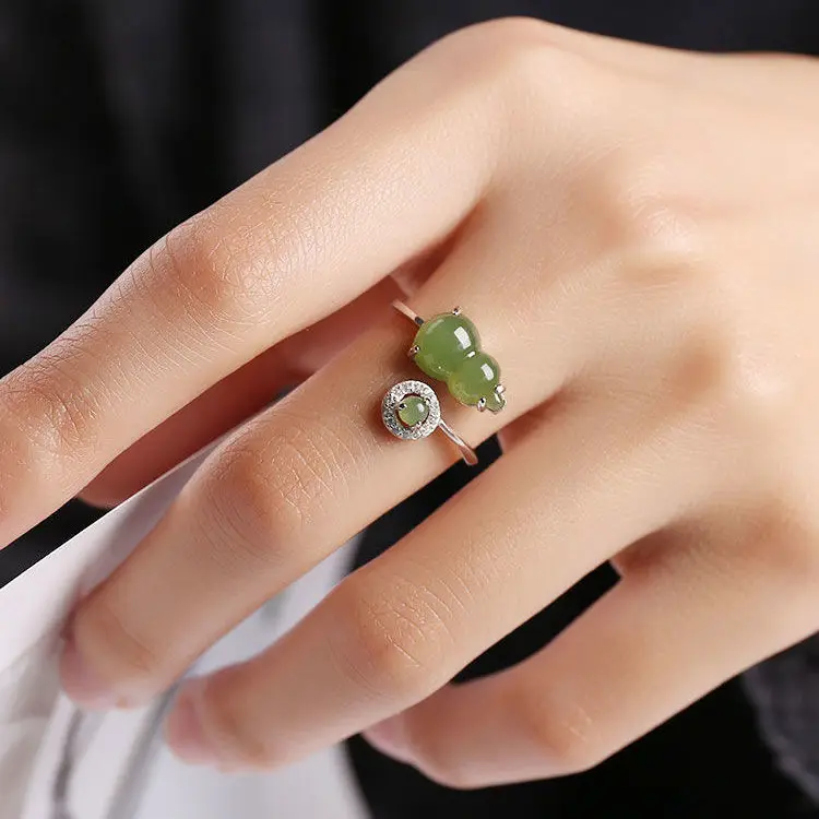 

Natural Jade Hetian Jade Women's S925 Silver Embeded Jade Jasper White Jade Gourd Fashion Openning Ring Gift