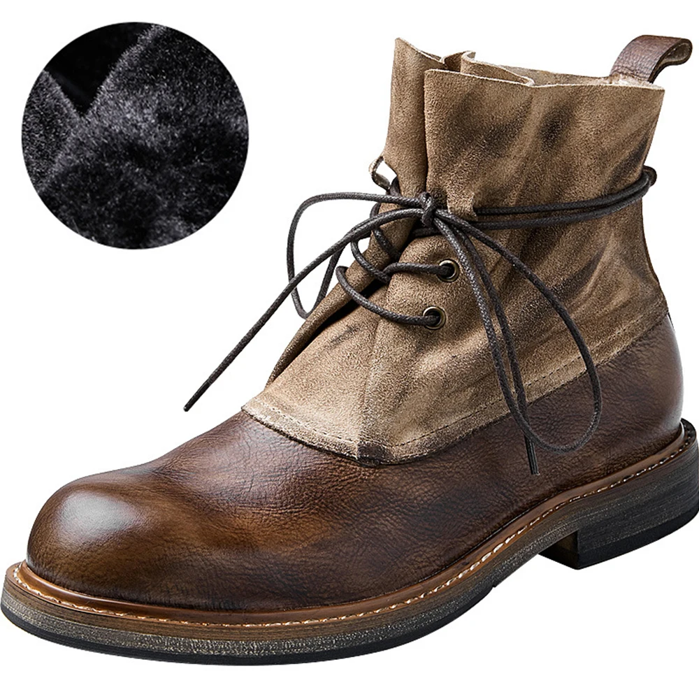 

NEW Winter Genuine Cow Leather Boots For Men Lace Up Warm Fur Cowhide Ankle Boots Male Western Cowboy Mixed Color Desert Boots