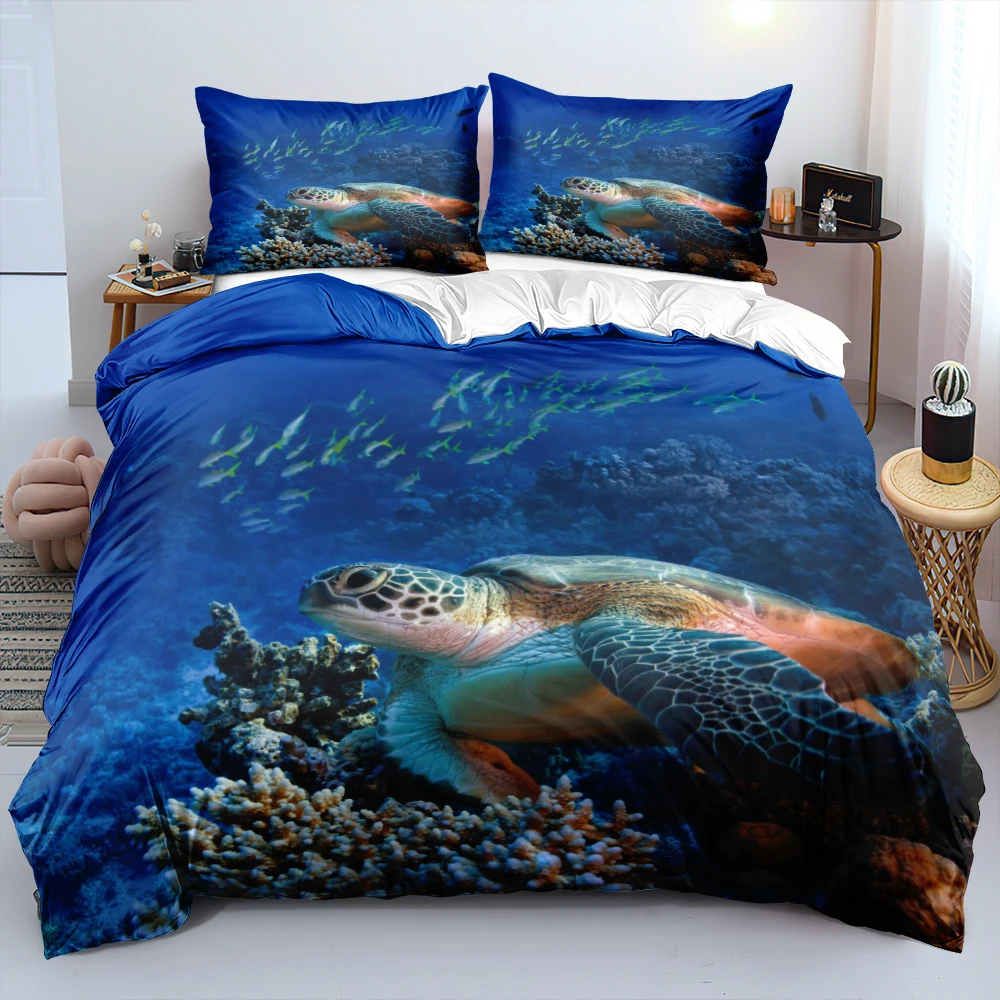 

Ocean Series Dark Blue Duvet Cover Set Single Double Queen King Sea Turtle Comforter Cover Pillowcases Soft Bed Set For Bedroom