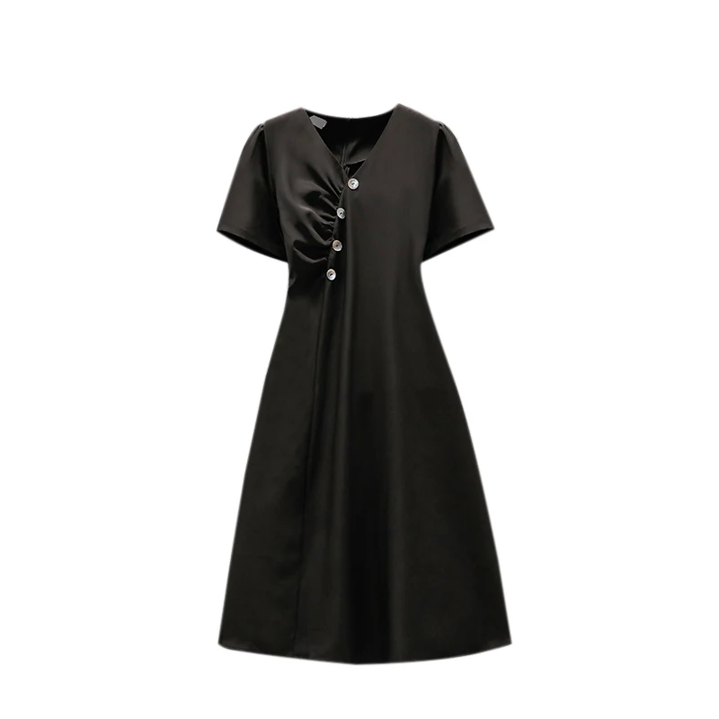 

EHQAXIN Summer Plus Size Women's Long Dress Fashion V-Neck Button Short Sleeve Personalized Pleated Zipper Dresses Female L-4XL