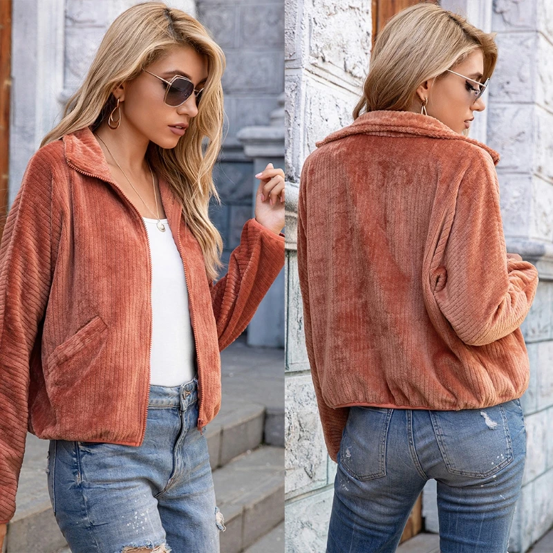 

Женская зимняя теплая куртка с длинным рукавом и отложным воротником, однотонное Фланелевое пальто в рубчик с бархатной подкладкой на молн...