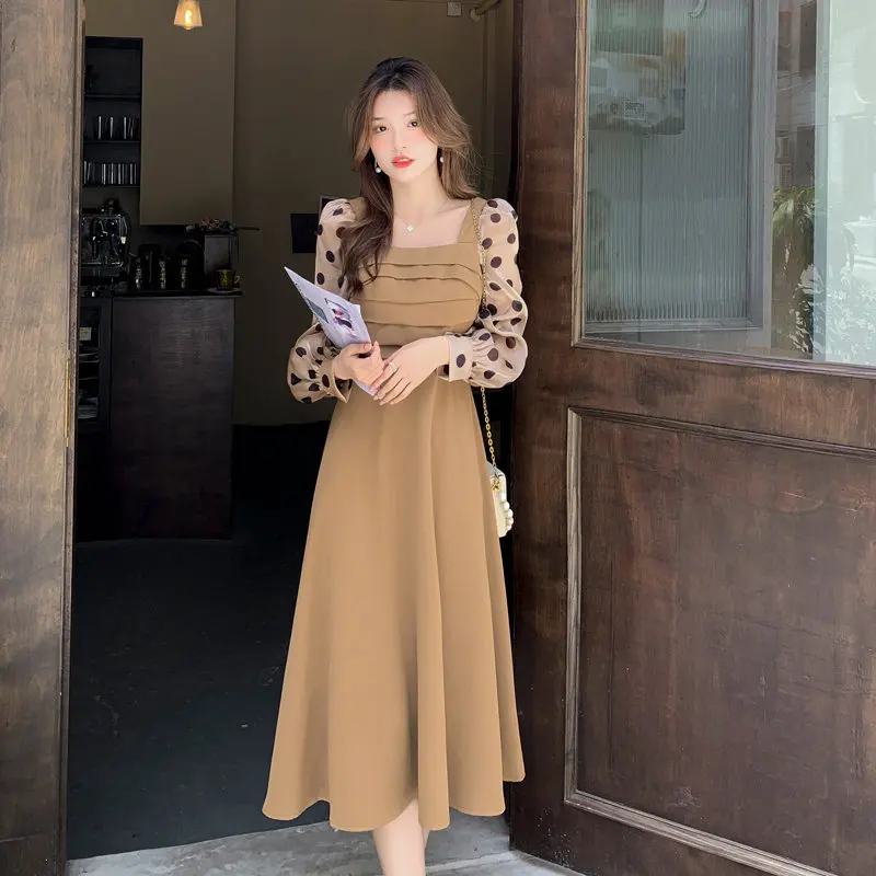 

Autumn Vintage Midi Dresses Women Party Dot Design Elegant Korea Dress Fashion Long Sleeve Casual Solid Color Dress Females