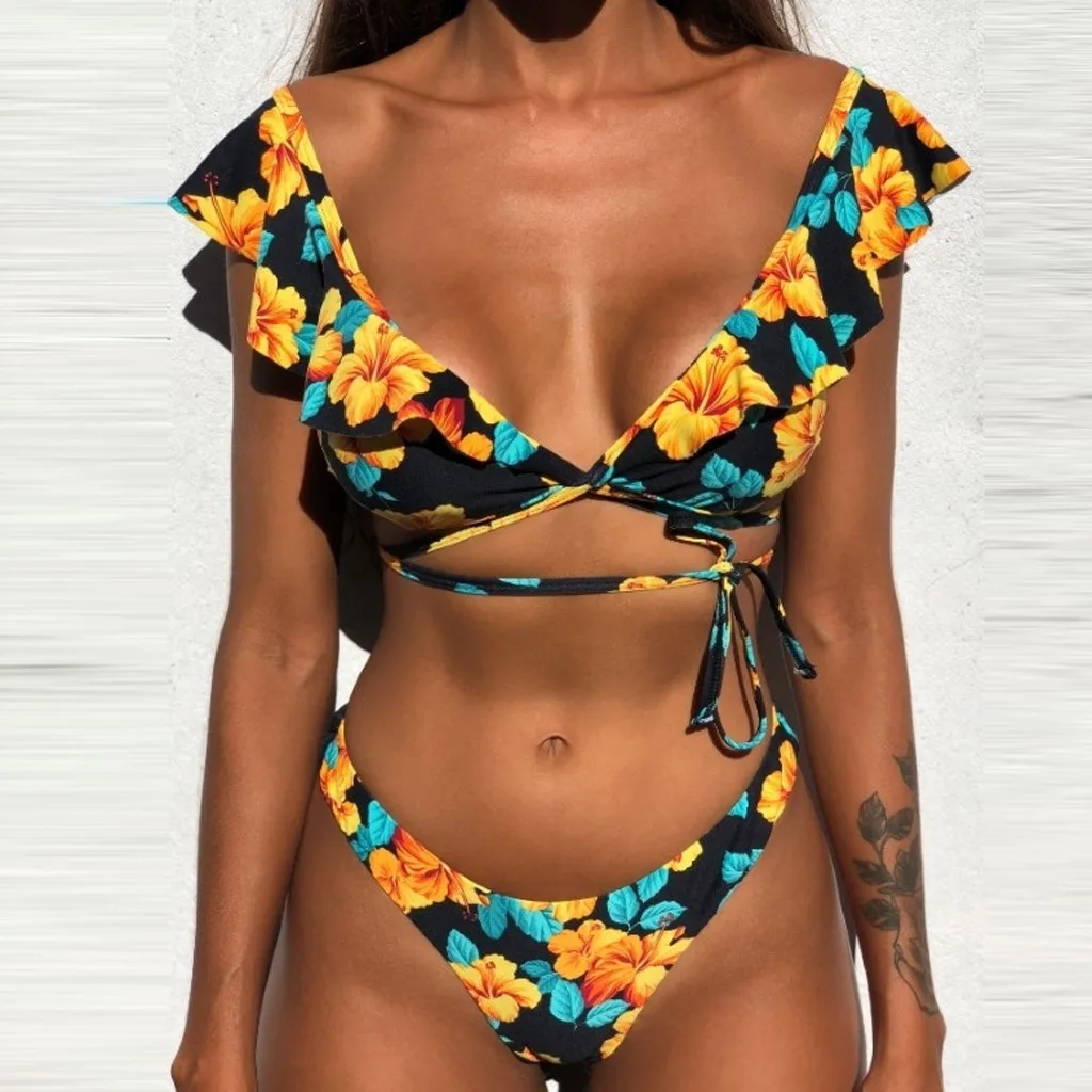 

40# Swimwear Swimming Bikini Set Suit For Women Retro Flounce Bandage Print Halter Neck Two Piece Swimsuit Bathing Suit