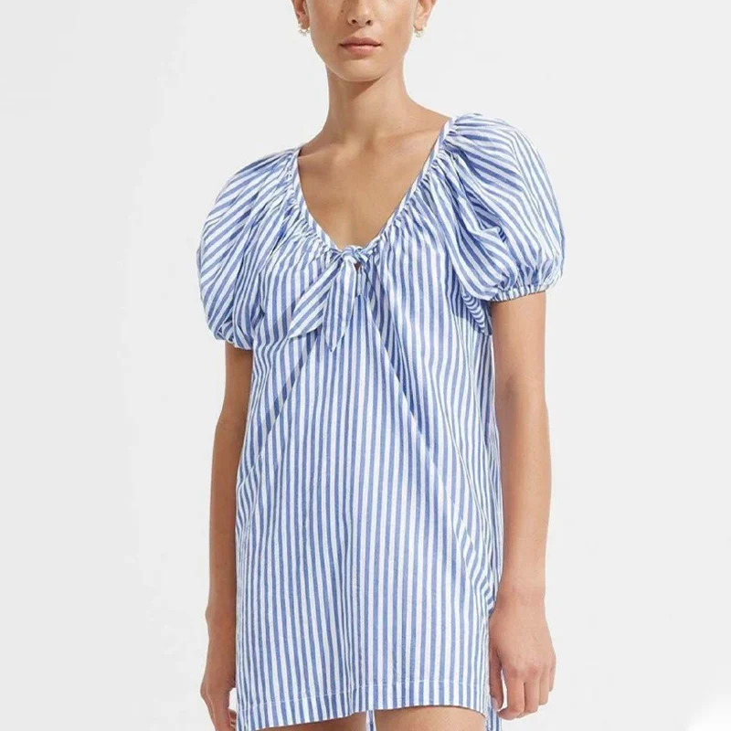 

2021 Summer Blue Striped Women Mini Dress Puff Short Sleeve Lace Up V-neck Loose Ladies Dresses Casual Korean Female Clothes