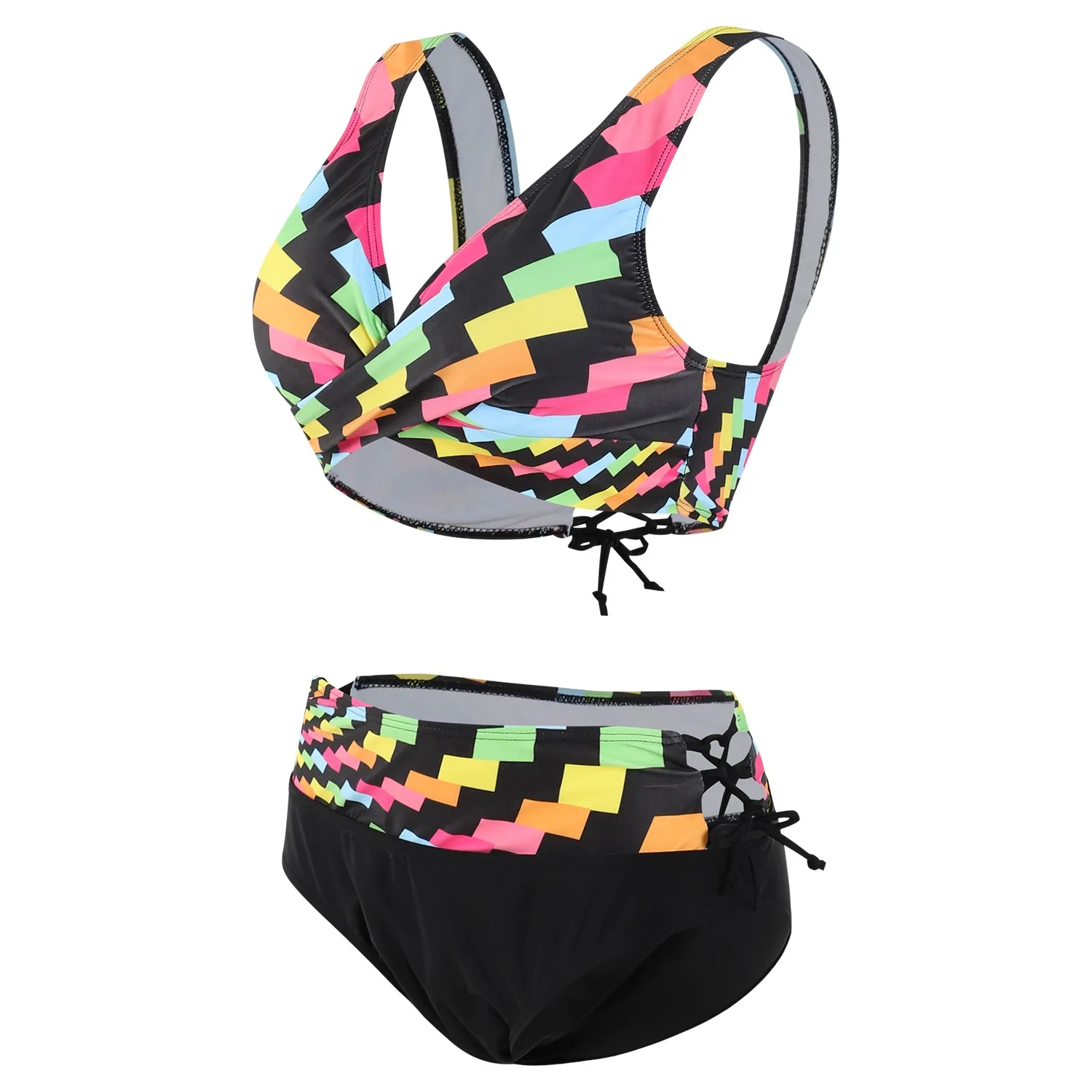 

bikini 2021 Summer Beach Ladies High Waist Lace-up Rainbow Print Striped Bikini Swimsuit bathing suit women swimwear women#6