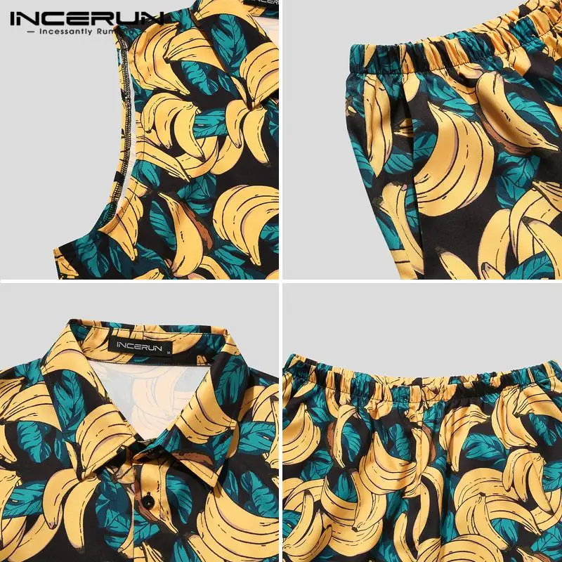 

INCERUN Summer Holiday Printed Men Sets Fashion Sleeveless Lapel Tops Elastic Waist Shorts 2 Pieces Man Breathable Casual Suits