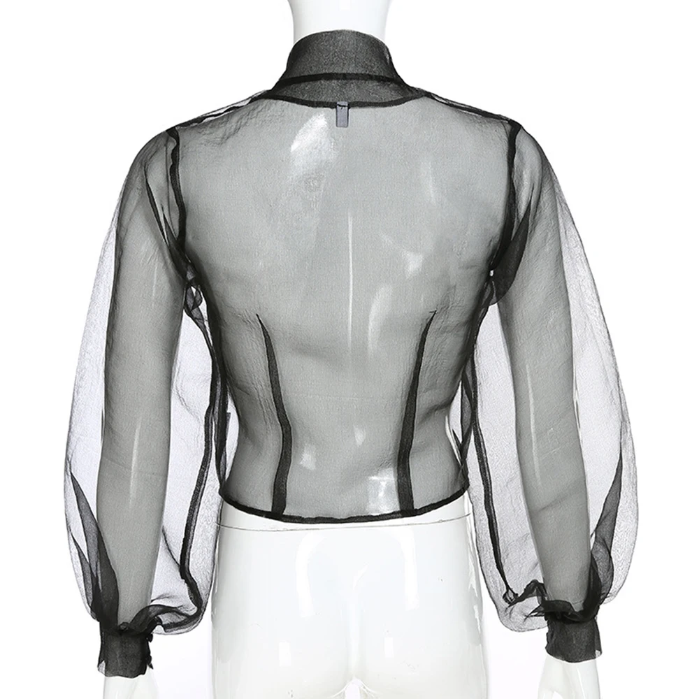 

Missnight Mesh Top Shirts for Women Vintage Black Shirt Open Stitch Lantern Sleeve See Through Sexy Tops 2021 Woman Tshirts