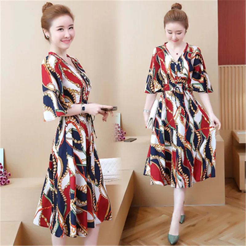 Женское шифоновое платье с принтом элегантное тонкое большого размера коротким