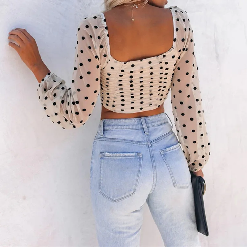 

2020 Autumn Women Slim Shirts Casual Elegant Dot Square Collar Lantern Sleeves Women Tops