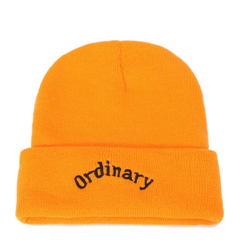 Orange Ordinary Одноцветная шапочка, связанная крючком, вязанные шапочки С Вышивкой Букв для женщин/мужчин, зимняя теплая Кепка в стиле хип-хоп, Женская Повседневная модная кепка - Цвет: Orange Ordinary