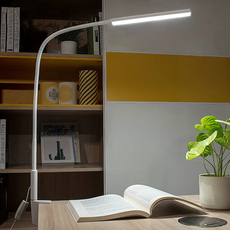 

Светодиодная настольная лампа на длинной ножке, гибкий Регулируемый светильник с зажимом, 5 уровней яркости, защита глаз, для спальни, чтени...