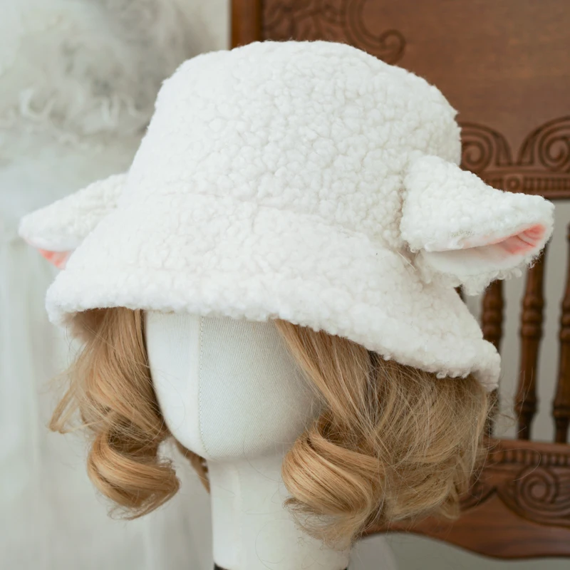 Handmade Sheep Baa Bucket Hat Lolita Sheep Cap with Ears Cute Girl Lambswool Material Black White Sheep Ear Hat Holiday Gift