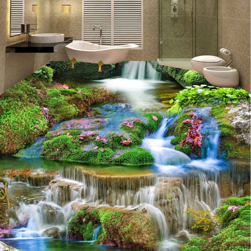 

Floor Stickers Waterproof Tiles Bathroom Hd Small Stream Water Green Plants 3d Floor Sticker