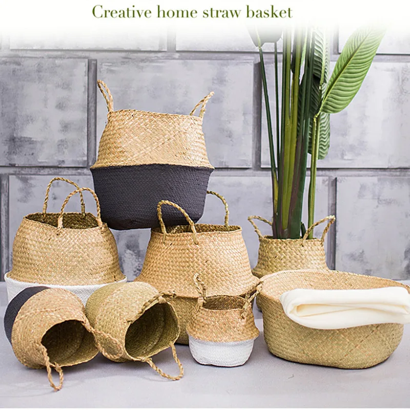 

Nordic seagrass basket hand-woven flower pot household items straw storage basket folding straw basket