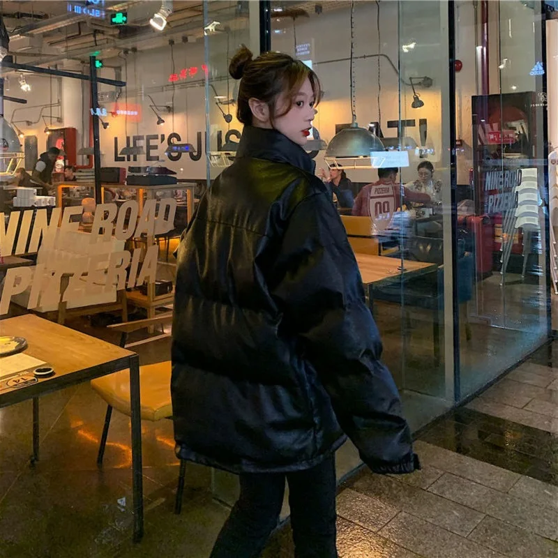 

Fashion 2020 black leather pu leather cotton clothes women thick bread clothes Korean style loose women winter jacket women tide