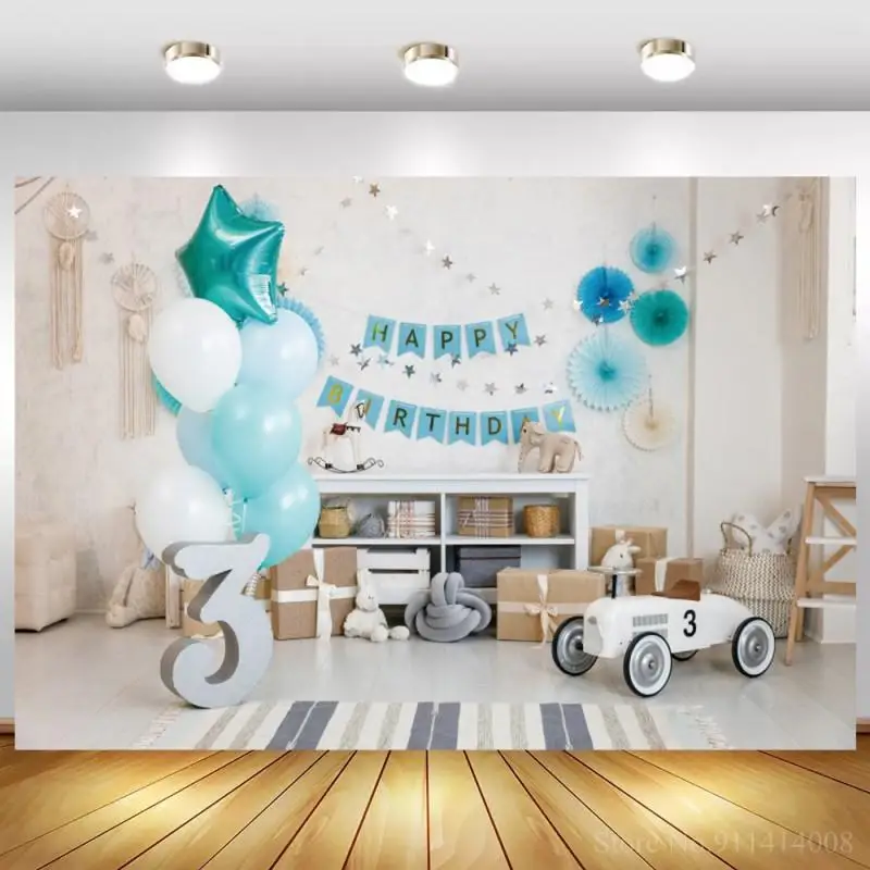 

3rd Birthday Background for Photography Blue Balloons Newborn Baby Photographic Studio Photo Backdrop Toy Car Stars Decor Props