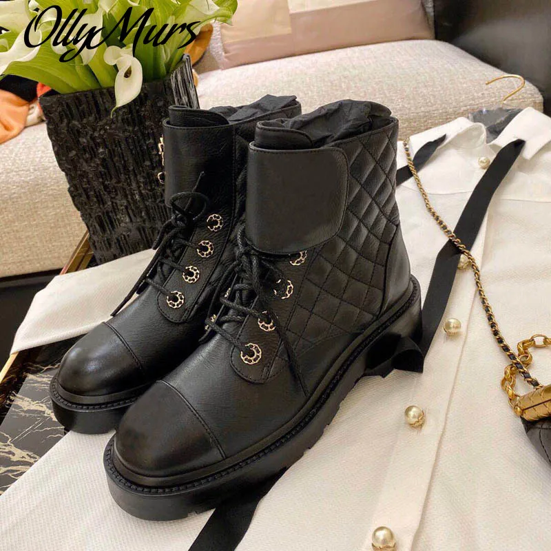 

Ollymurs Women Boots Autumn/Winter Leather Boot Rhomboid Women's Ankle Boots White Female Luxury Top Quality Goth Womens Shoes