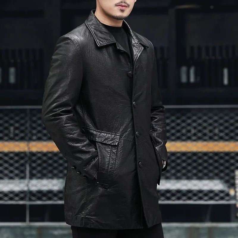

Men Luxury Brand Real Leather Long Jacket Streetwear Slim Single Breasted Business Sheepskin Coat Winter Down Coat Plus Size 6XL