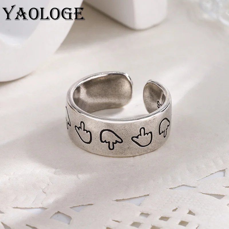 

YAOLOGE 925 Sterling Silver New Retro Thai Silver Creative Finger Gesture Ring Female Simple Fashion Trend Jewelry Open Ring