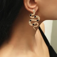 hyperbole punk long stud earrings for women black rhinestone gold color snake shape vintage earrings fashion jewelry