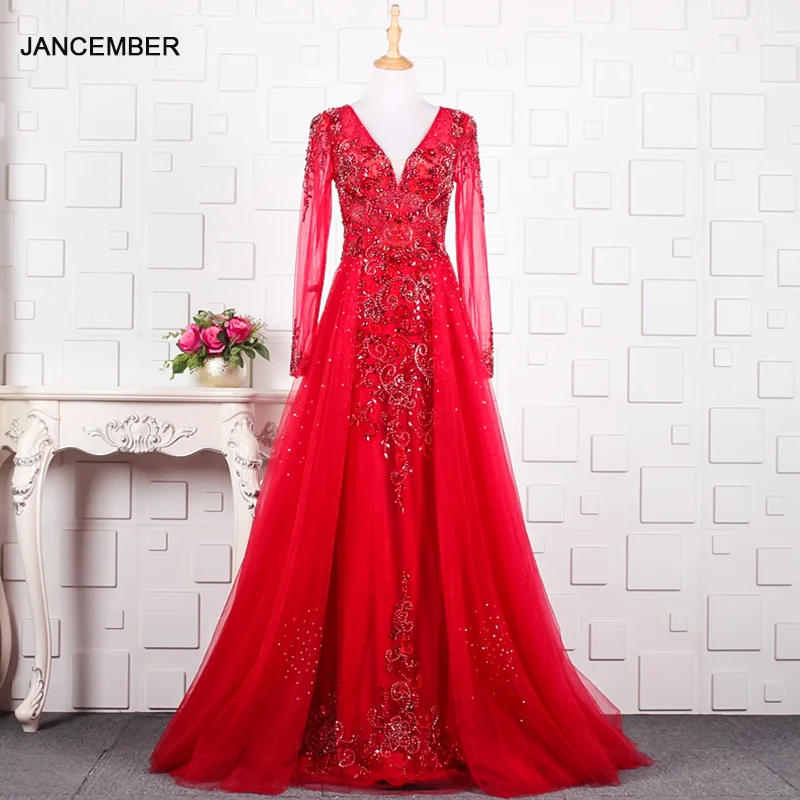 YY071 красное вечернее платье с длинным рукавом и V образным вырезом на молнии сзади