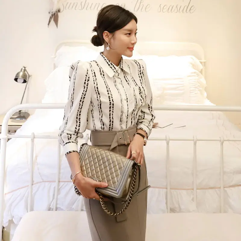 Elegant Korean OL 2 Pieces Set Women Spring Office Weat Striped Shirts Blouse And High Waist Sheath Bodycon Pencil Skirt Suit |