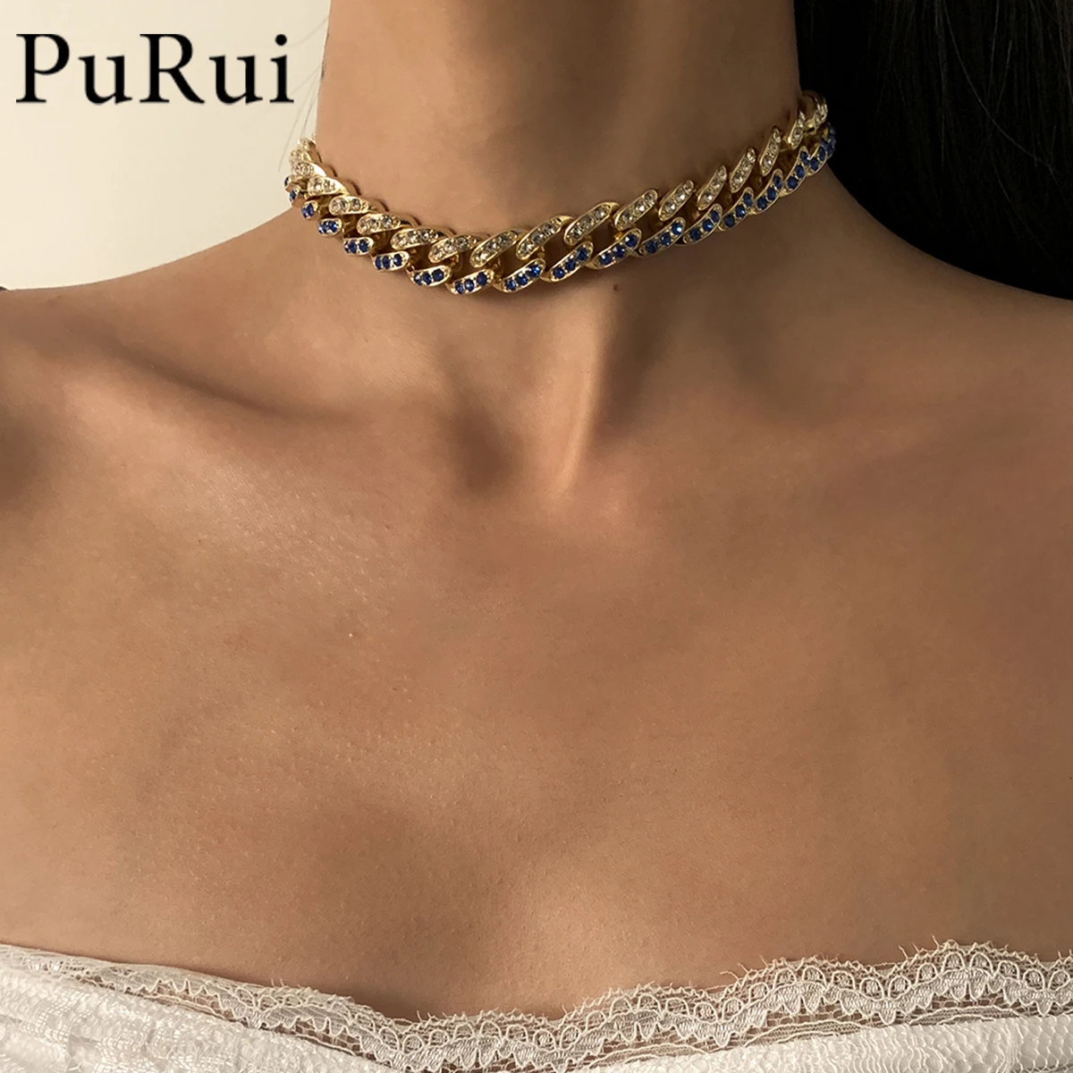 

Hip Hop Iced Out Paved Rhinestones Choker Necklace Miami Cuban Thick Chain Bling Crystal Rapper Necklace for Women Men Jewelry