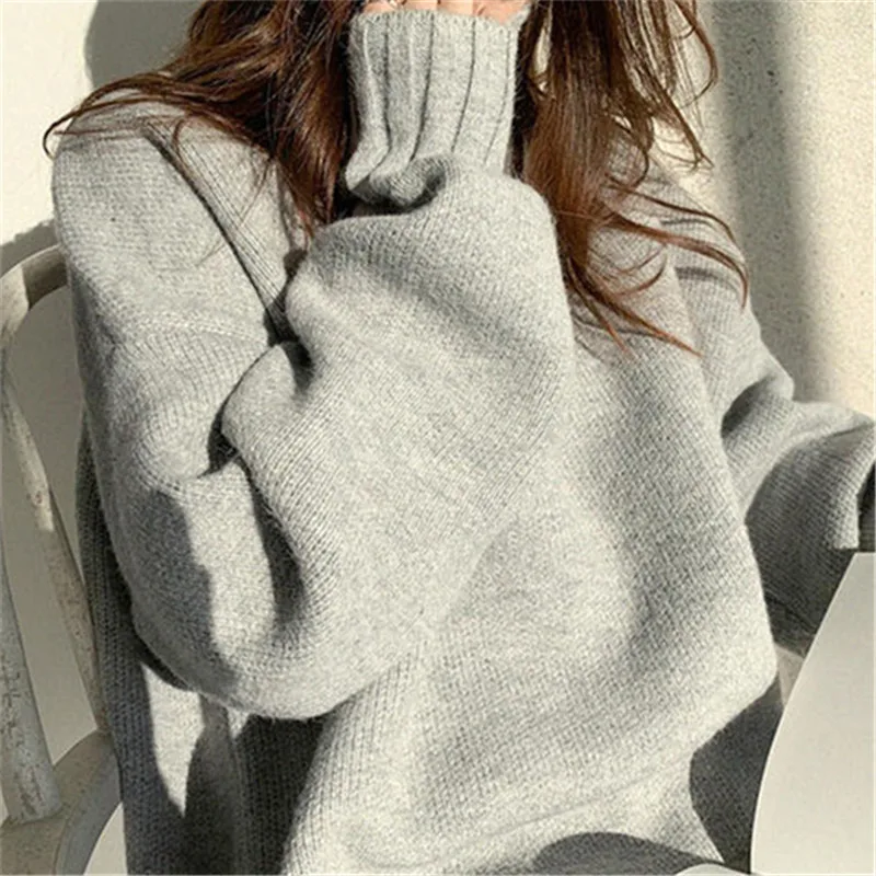 

Mazefeng New 2019 Autumn Winter Women's Sweaters Turtleneck Warm Loose Minimalist Tops Korean Style Knitting Ladies One Size