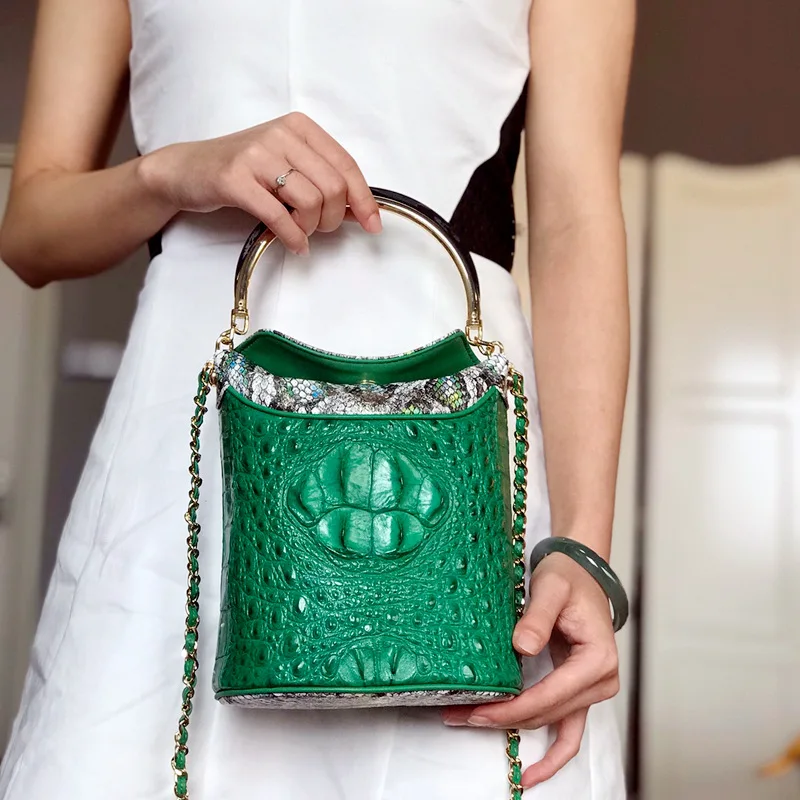 

Vintage Bucket Bag Women Luxury 100% Real Leather Handbags Designer Alligator Shoulder Chains Bag Female Party Crossbody Bags