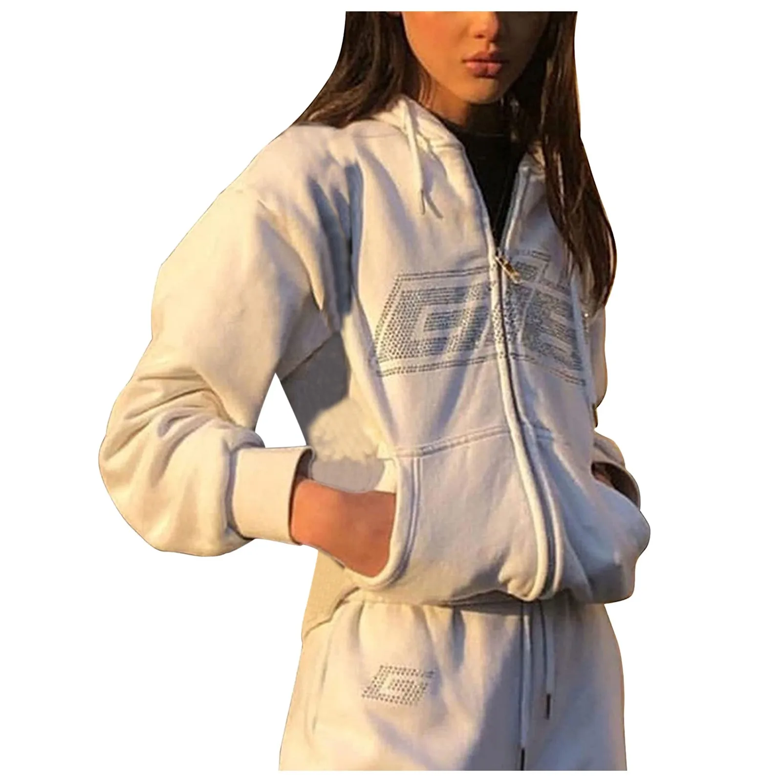 Korean Fashion Hoodies for Women 2021 Rhinestone Letter Print Long Sleeve Sweatshirt Hoodis Zipper Autumn Loose Women Sweetshirt