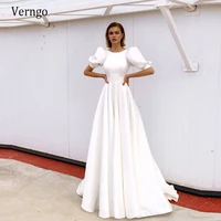 verngo a line satin wedding dress puff short sleeves o neck keyhole back buttons back bride dress 2021 korean wedding gowns