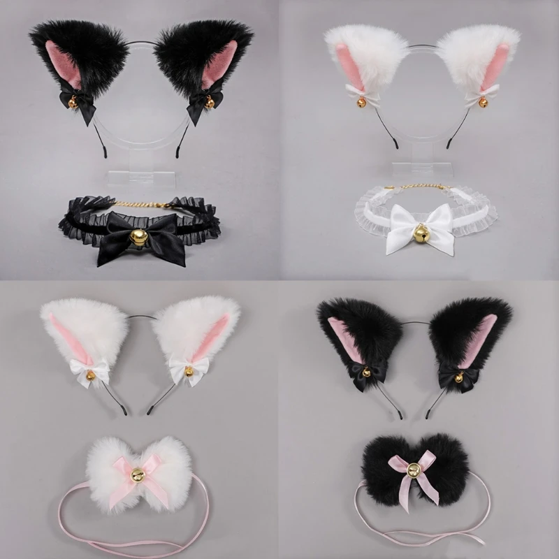 Повязка на голову с кошачьими ушками ожерелье колокольчиком милый пушистый