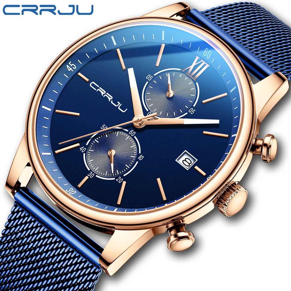 

CRRJU New Men's Sports Watch Top Luxury Stainless Steel Chronograph Watch Fashion Casual Calendar Quartz Clock Relogio Masculino