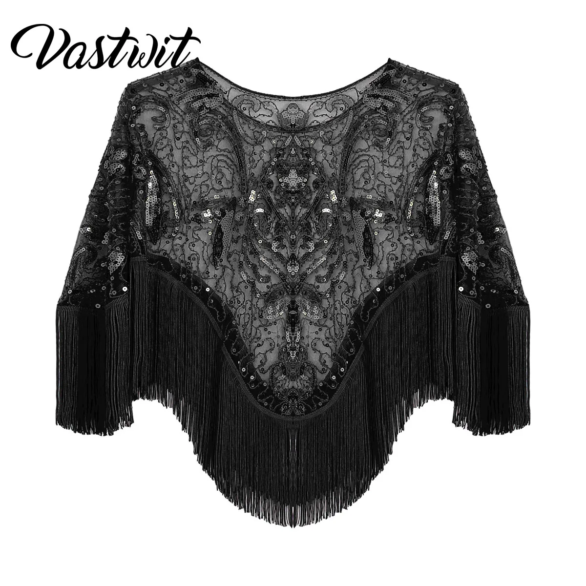 

Women Shiny Sequin Beaded Shawl Wraps Evening Cape Bridal Shawl Bolero Flapper Cover Up with Tassel