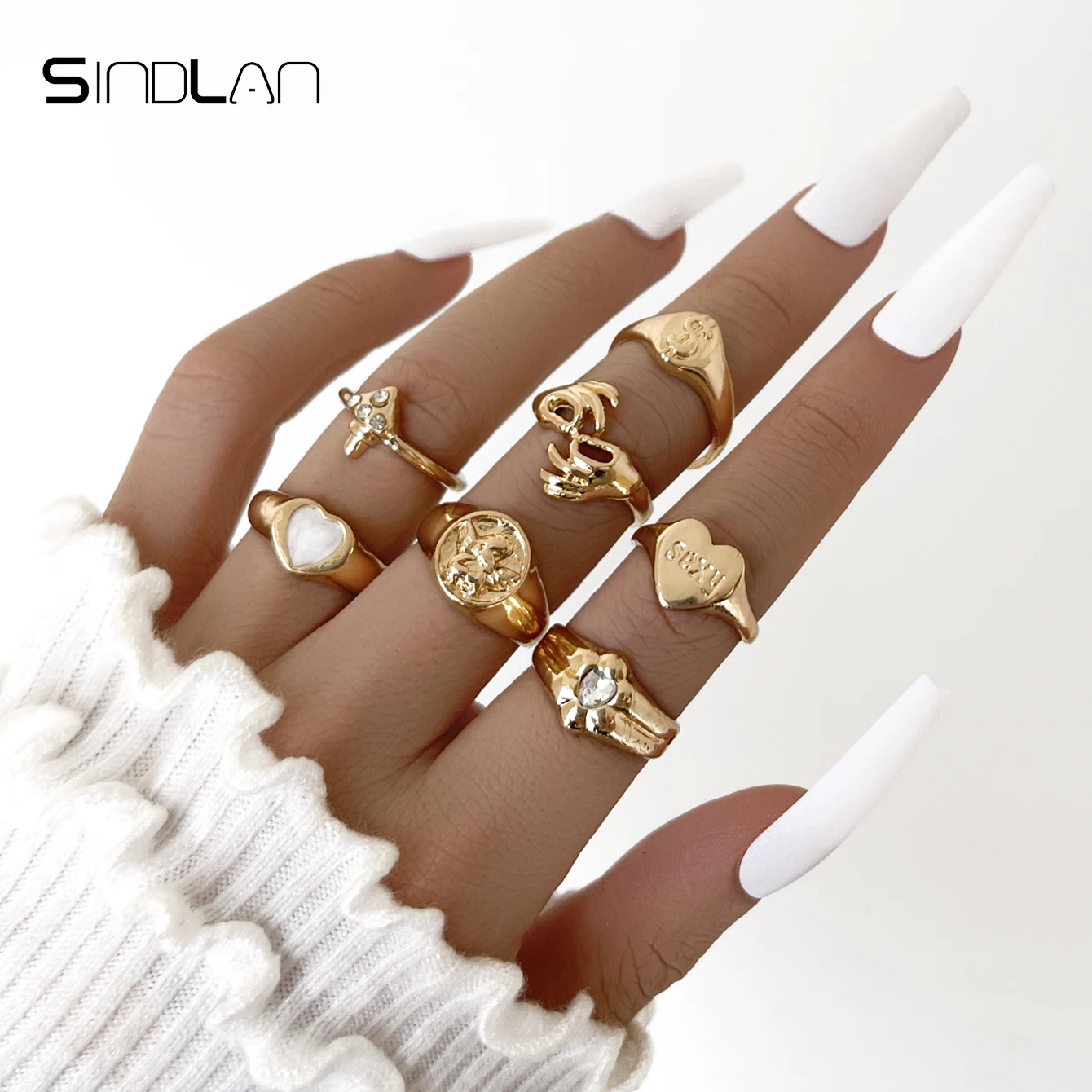 

Sindlan 7Pcs Punk Angel Gold Heart Rings for Women Kpop Vintage Crystal Couple Y2k Emo 2021 Trendy Jewelry Anillos Mujer Bauge