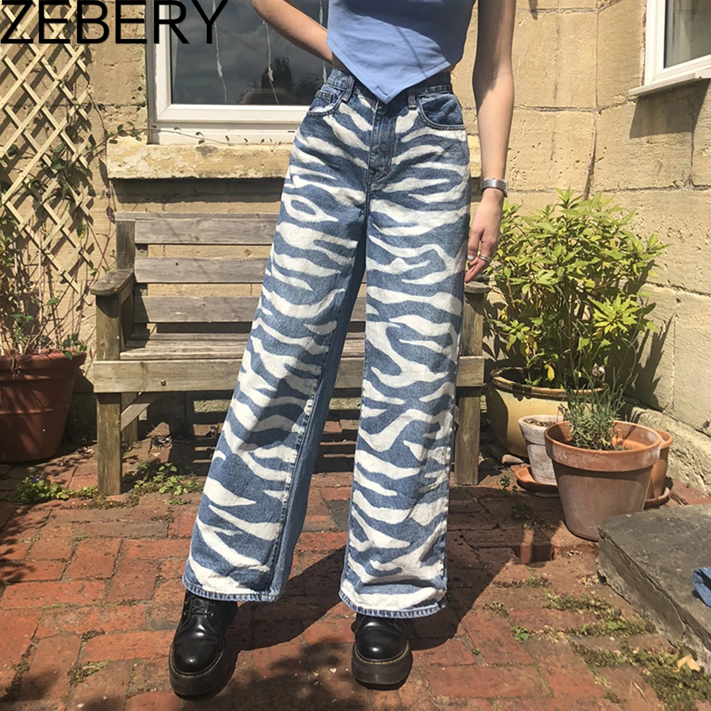 

ZEBERY Harajuku Animal Printing High Waist Jeans Y2K Fashion Vintage 90s Zebra Partten Loosed Wide Leg Pant Autumn Streetwear