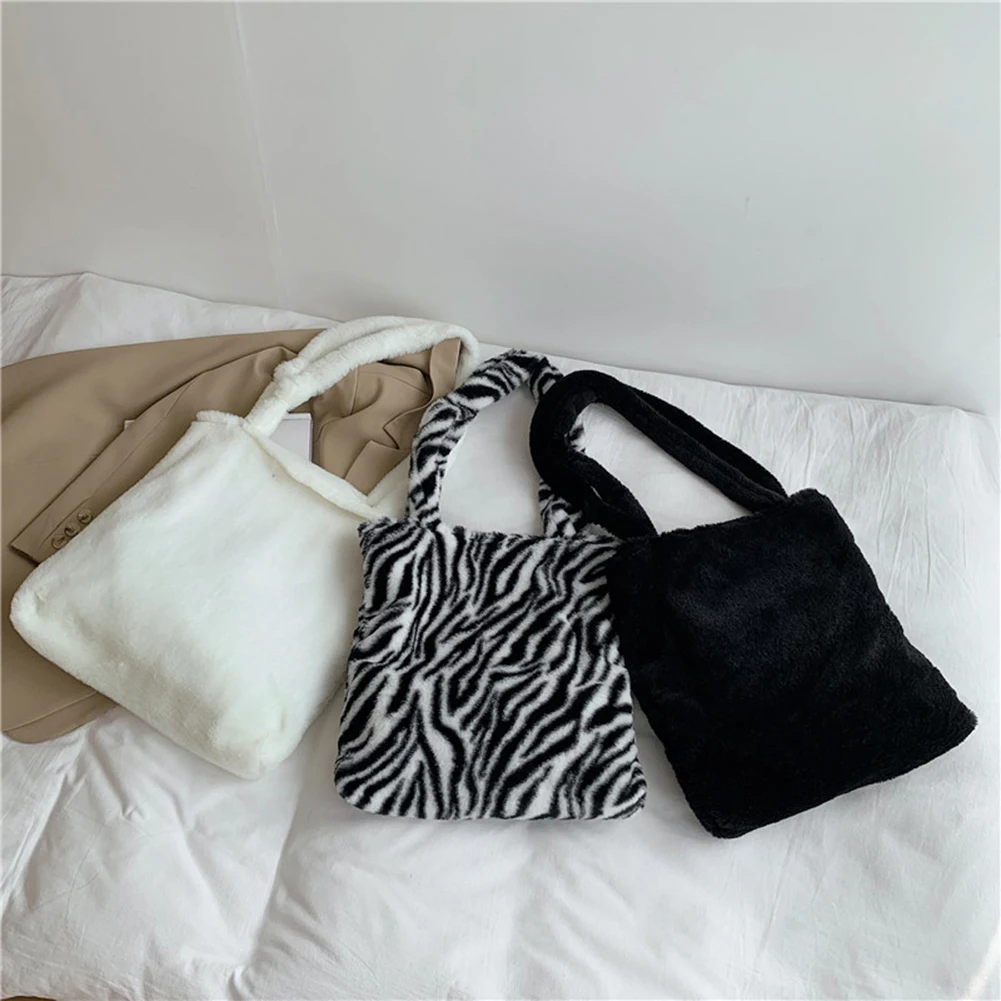 

Fashion Women Animal Pattern Printing Plush Shoulder Shopping Bag Ladies Autumn Winter Large Capacity Tote Handbags